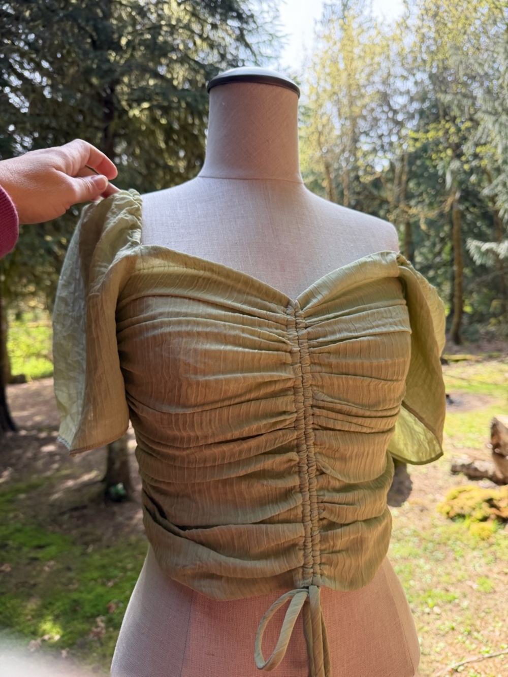 Wayf Olive Green Ruched Puff-Sleeve Crop Top